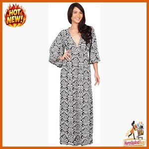 V-Neck Maxi Dress Bohemian Print Flowy 3/4 Sleeve Empire Waist Elegant